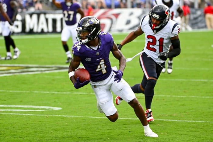 Baltimore Ravens receiver Zay Flowers (4) is questionable in Week 12 against the Los Angeles Chargers.